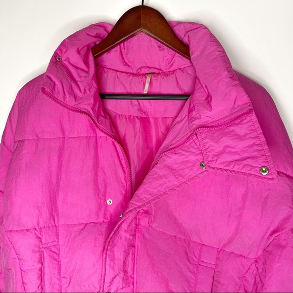 Free People Puffer Jacket Cold Rush Pink Cropped Bright Winter Adjustable Waist - Picture 3 of 16